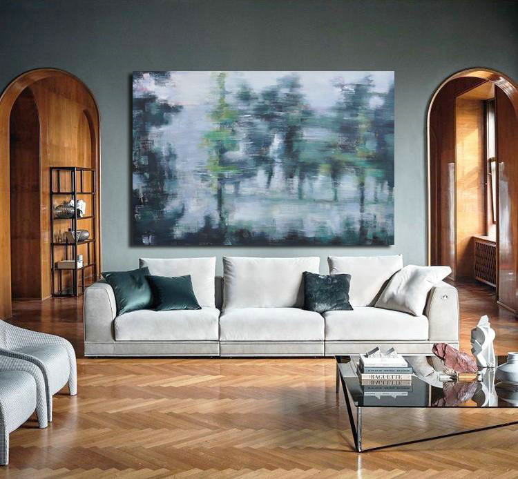 Large Abstract Art,Horizontal Abstract Landscape Oil Painting On Canvas,Unique Canvas Art,Grey,Dark Green,White.etc